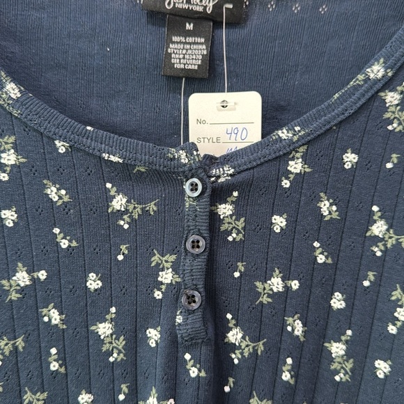 Just Polly Navy Blue Floral Crop Top Henley Long Sleeve Shirt - Picture 7 of 9